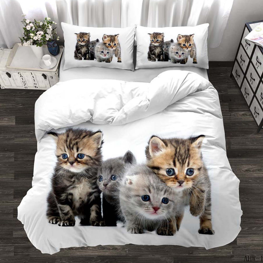 Three-piece Animal Cat and Dog Realistic Quilt Cover