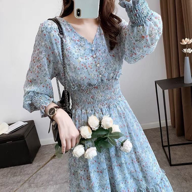 Long Sleeve Temperament Floral Chiffon Dress Long