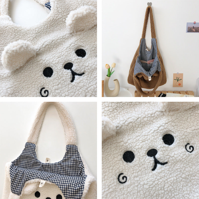 Lamb Wool Large Capacity Plush Embroidery Shopping Bag