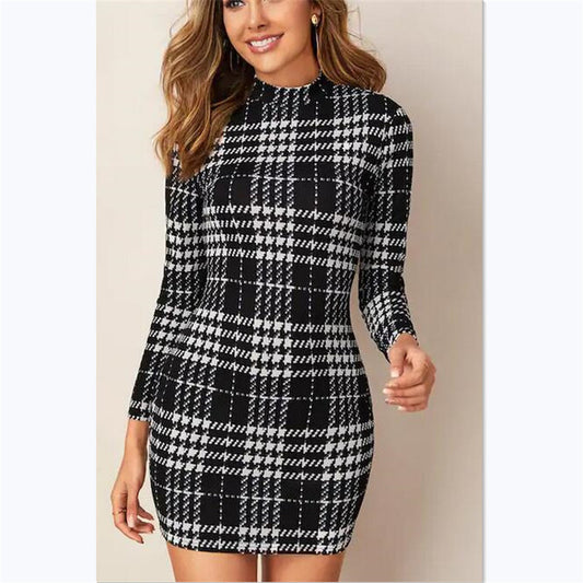 Long Sleeve Houndstooth Slim Dress