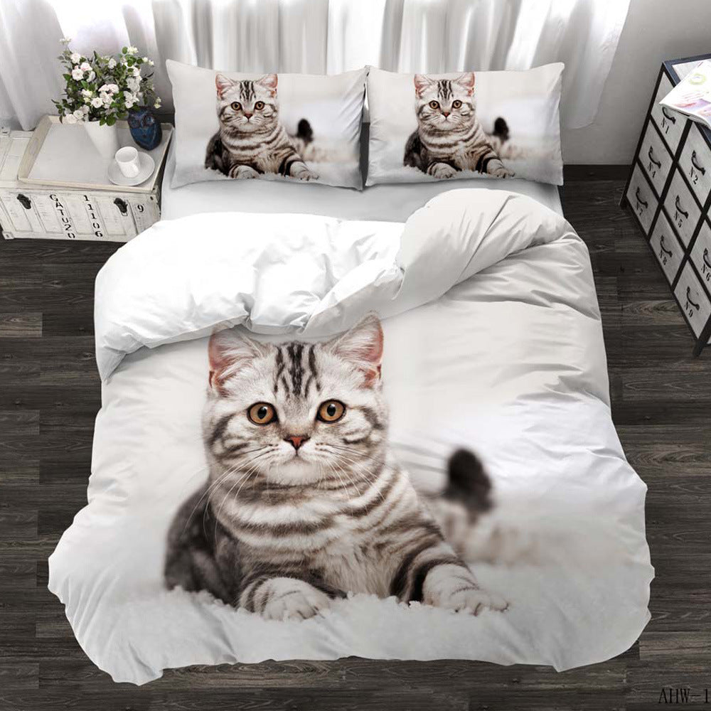 Three-piece Animal Cat and Dog Realistic Quilt Cover