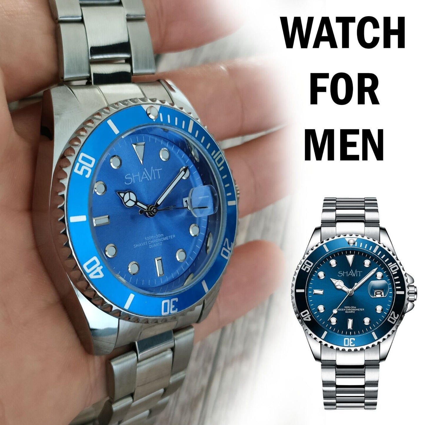 Fashion Men Watch Stainless Steel Analog Quartz Classic Male Wristwatch, Blue