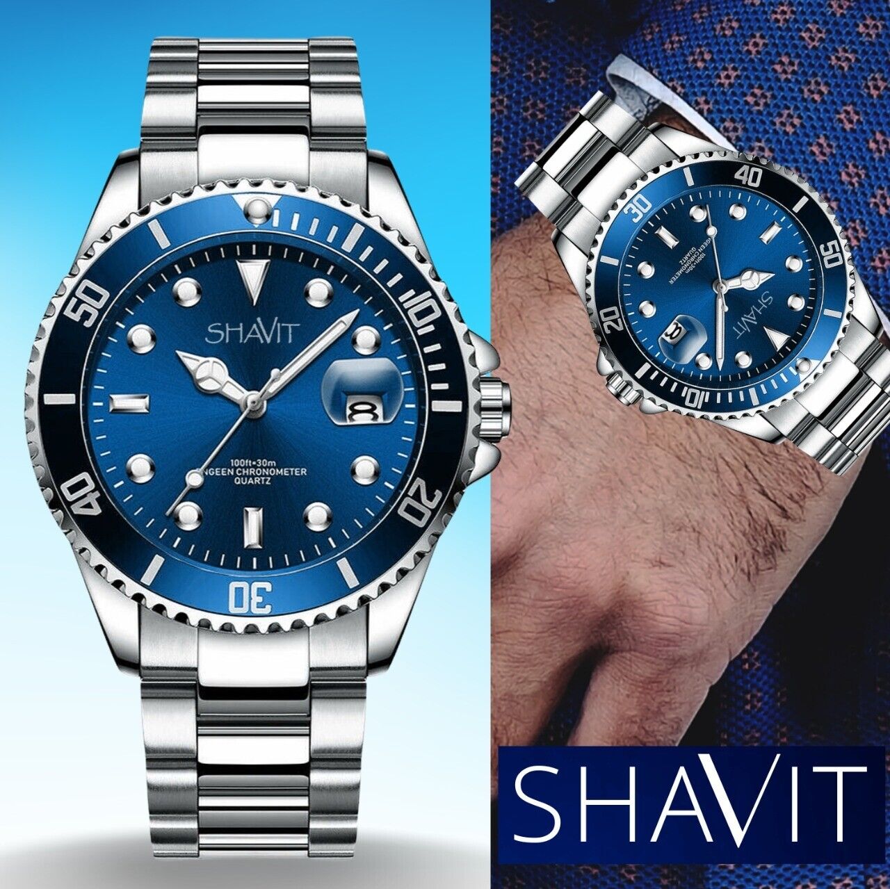 Fashion Men Watch Stainless Steel Analog Quartz Classic Male Wristwatch, Blue