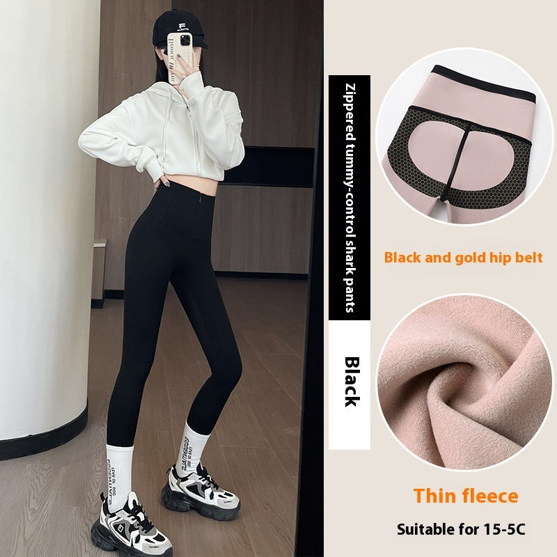 Belly-controlling Butt Lifting Leggings With Three-breasted Design Winter High Waist Slim Zippere Pants Warm Velvet And Thickened Trousers Women Clothing