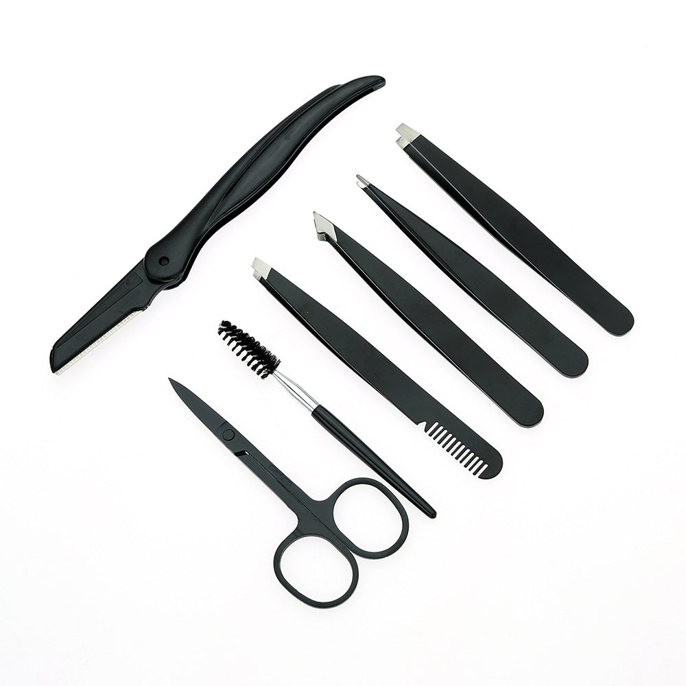 Stainless Steel Eyebrow Clip Black Tweezers Set