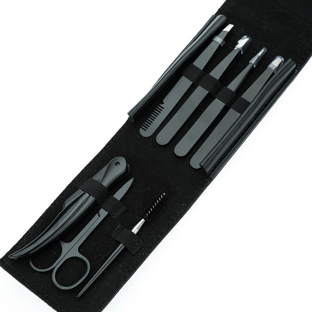 Stainless Steel Eyebrow Clip Black Tweezers Set