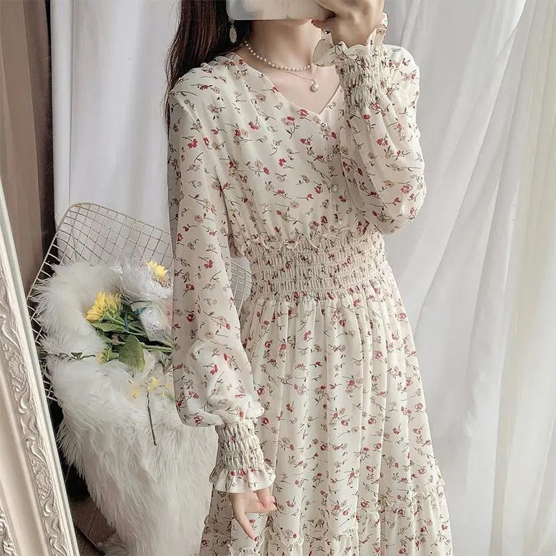 Long Sleeve Temperament Floral Chiffon Dress Long