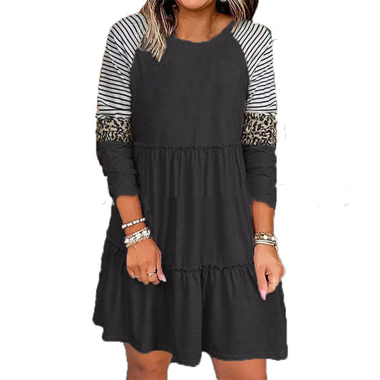 Women's Ruffled Round Neck Pullover Long Sleeve Dress