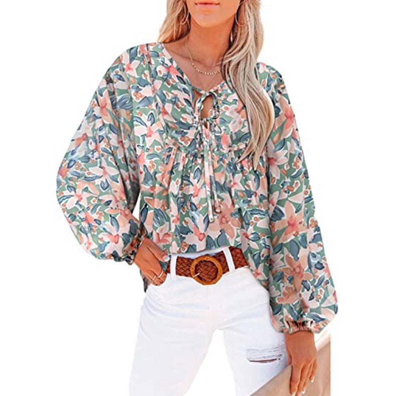 Women's New V-neck Casual Floral Lace-up Shirt Top