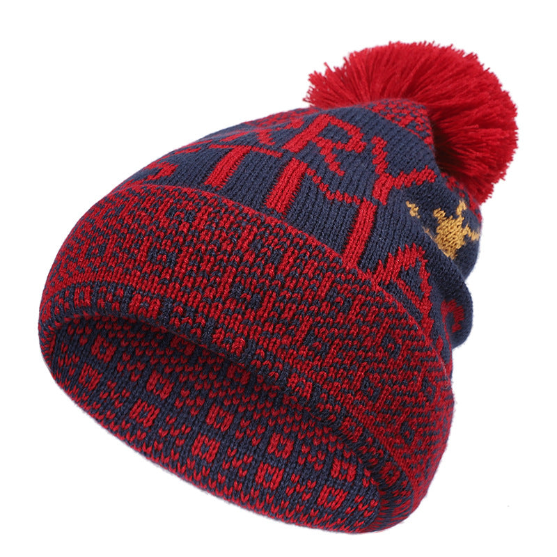 Hot Sale Christmas Elk Fur Ball Print Knitted Christmas Hat