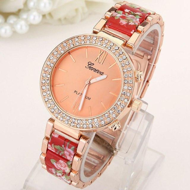 New Double Row Drill  Ceramic Alloy Geneva Watch Print Female Foreign Trade Watch