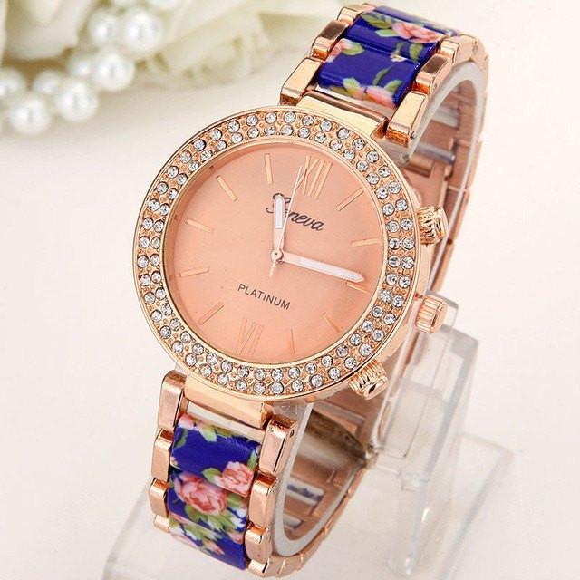 New Double Row Drill  Ceramic Alloy Geneva Watch Print Female Foreign Trade Watch