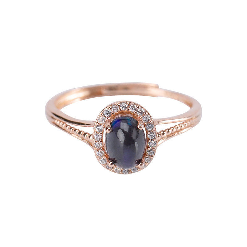 S925 Sterling Silver Rose Gold Plated Inlaid Natural Black Opal Ring