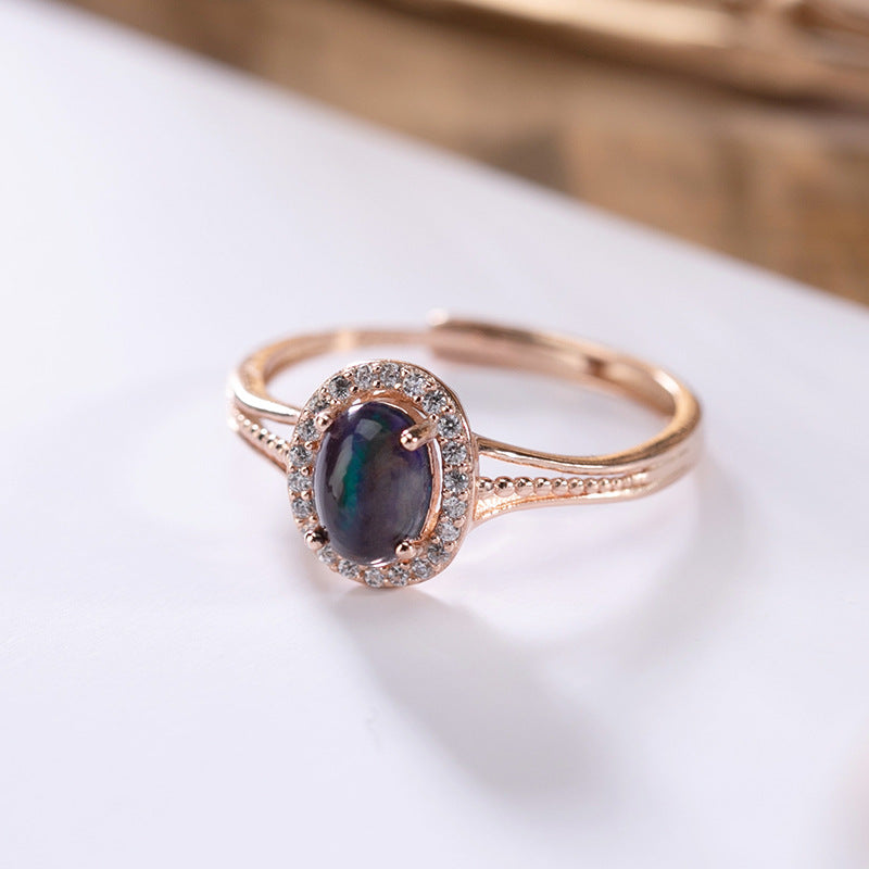 S925 Sterling Silver Rose Gold Plated Inlaid Natural Black Opal Ring