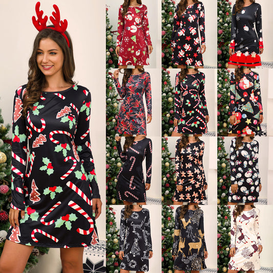 Multicolor Long Sleeve Christmas Print Dress