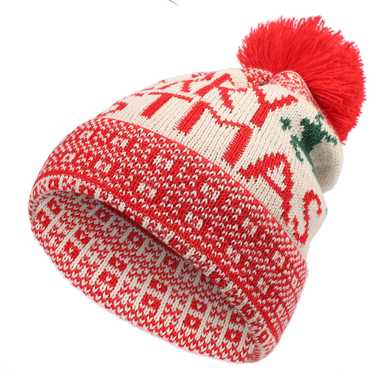 Hot Sale Christmas Elk Fur Ball Print Knitted Christmas Hat