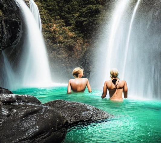 Two women taking a bath in a waterfall