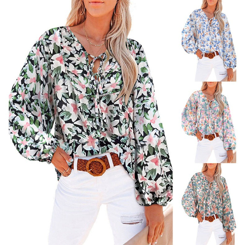 Women's New V-neck Casual Floral Lace-up Shirt Top