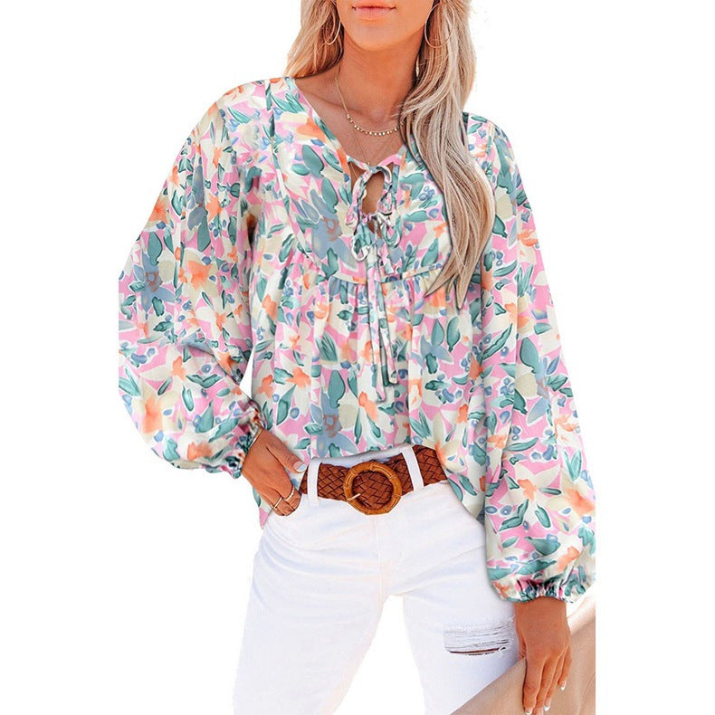 Women's New V-neck Casual Floral Lace-up Shirt Top