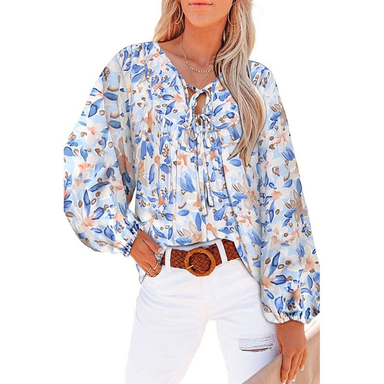 Women's New V-neck Casual Floral Lace-up Shirt Top