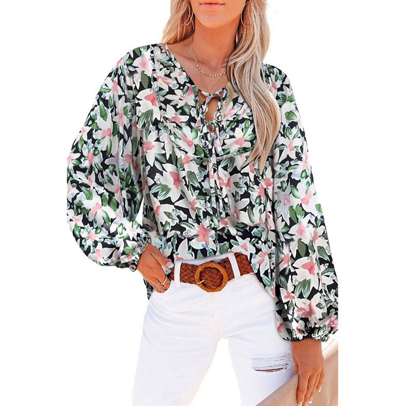 Women's New V-neck Casual Floral Lace-up Shirt Top