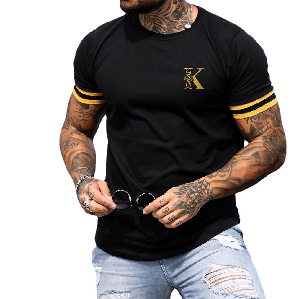 Men's Fashion K Multicolor Printing Casual Slim-fit Short Sleeve T-shirt Summer Outdoor Sports Running Top